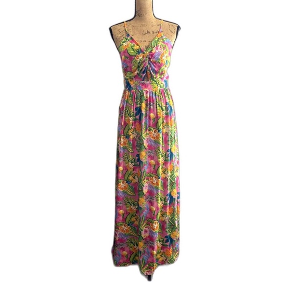 Cupshe Pink Tropical Floral Maxi Dress Open Tie Back Size Medium - Picture 9 of 11
